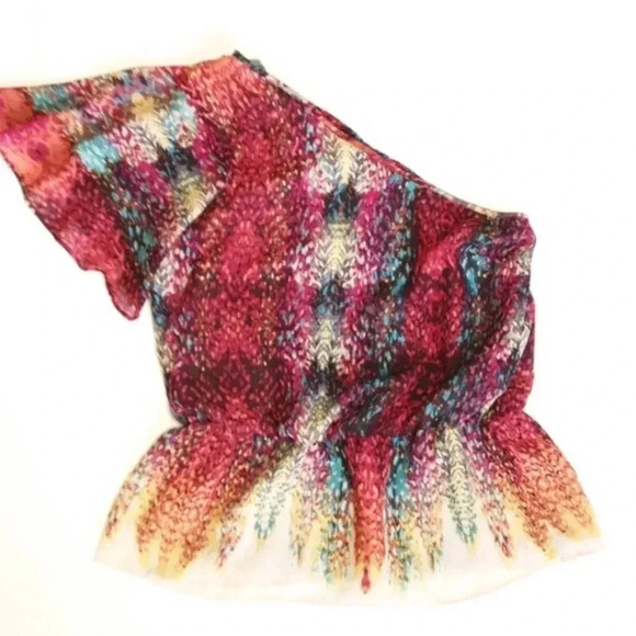 A.N.A. Red Pink Abstract Print One Shoulder Flutter Sleeve Peplum Blouse Top M - Picture 1 of 4